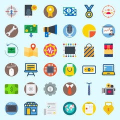 Icons about Digital Marketing with microchip, pie chart, shop, money, newspaper and settings
