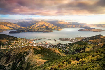 Lyttelton harbor and Christchurch at sunset, New Zealand