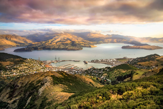Lyttelton harbor and Christchurch at sunset, New Zealand