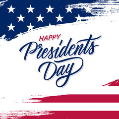 Happy Presidents Day greeting card with brush stroke background in United States national flag colors and hand lettering text design. Vector illustration.
