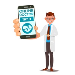 Online Doctor Mobile Service Vector. Man Holding Smartphone With Online Consultation On Screen. Medicine Support. Healthcare App. Isolated Flat Illustration
