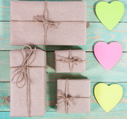 Pile parcel wrapped with brown kraft paper and tied with twine