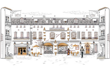 Series of street views in the old city. Hand drawn vector architectural background with historic buildings.