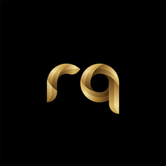 Initial lowercase letter rq, swirl curve rounded logo, elegant golden color on black background