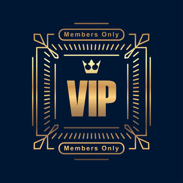 Gold rich decorated square VIP design with crown on a dark blue background.