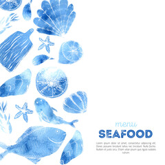 Watercolor Seafood menu design with sketch items. Fish design background