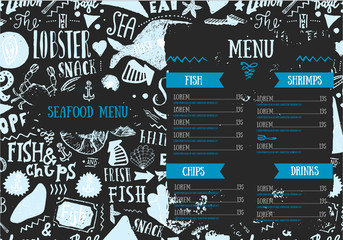 Seafood menu with sketch fish and lettering. Identity for restaurant and cafe. Hand drawn Design template with hand-drawn illustrations on dark chalkboard
