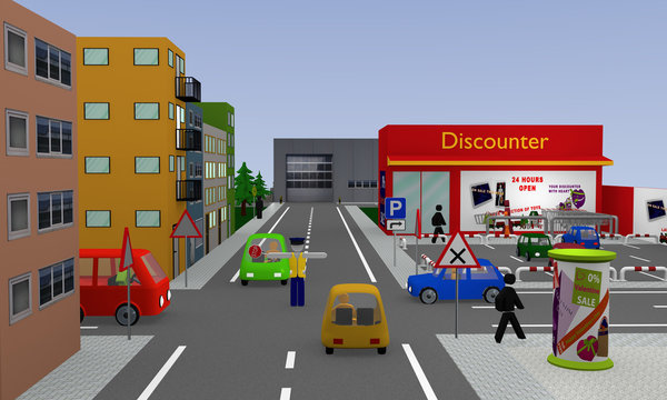 Stadtansicht mit Discounter, Parkplatz, Autos, Straßenschildern und Polizist. 3d render