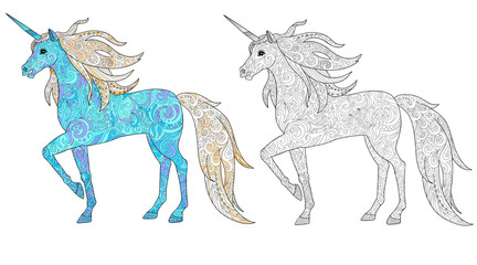 Unicorn coloring book page with template. Decorative doodle animal. Vector illustration isolated on white background.