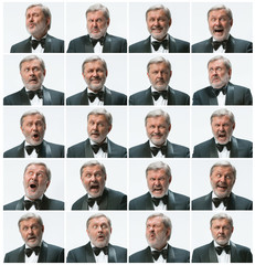 The mosaic of businessman expressing and different emotions. The bearded businessman with suit with...