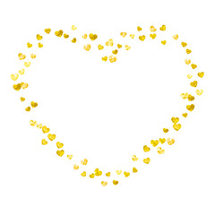 Valentines day card with gold glitter hearts. February 14th. Vector confetti for valentines day card template. Grunge hand drawn texture. Love theme for voucher, special business ad, banner.