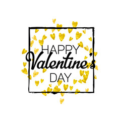 Valentines day card with gold glitter hearts. February 14th. Vector confetti for valentines day card template. Grunge hand drawn texture. Love theme for gift coupons, vouchers, ads, events.