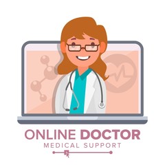 Online Doctor Woman Vector. Medical Consultation Concept Design. Female Look Out Laptop. Online Medicine Support. Isolated Flat Illustration