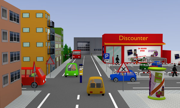 Stadtansicht mit Discounter, Parkplatz, Autos, Straßenschildern und Polizist der den Verkehr regelt. 3d render