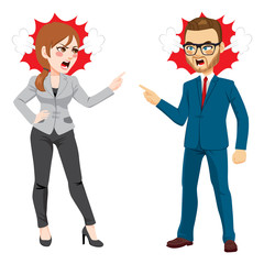 Businesswoman and businessman fighting conflict at work