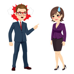 Angry businessman with pointing finger firing  and yelling to young sad businesswoman standing