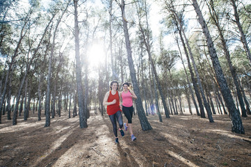 Obraz premium two beautiful women running through the forest