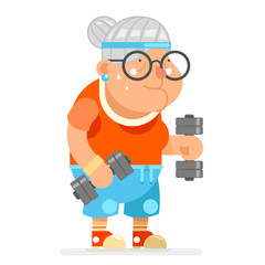 Dumbbells Exercises Fitness Adult Healthy Activities Old Age woman Character Cartoon Flat Design Vector illustration