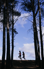 silhouette of two beautiful women running through the forest.