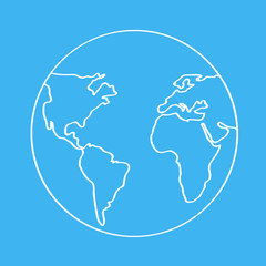 Globe icon. World icon, white line earth icon on blue background