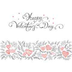 Naklejka premium Set of floral elements with red hearts and black lettering Happy Valentines Day