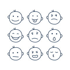 Set of funny faces drawn by hand. Collection of isolated smileys with different emotions.