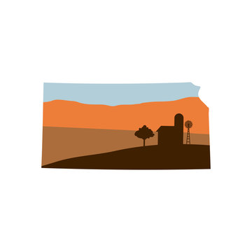 Kansas State Shape with Farm at Sunset w Windmill, Barn, and a Tree