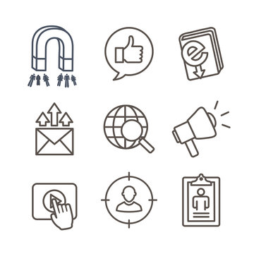 Inbound marketing icon set w magnet, social, email, and promotion