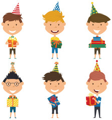  Happy cute boys carrying colorful wrapped gift boxes