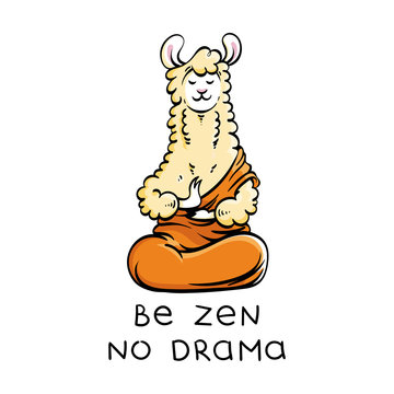 Cute meditating furry llama. Vector cartoon illustration on a white background with motivational lettering.