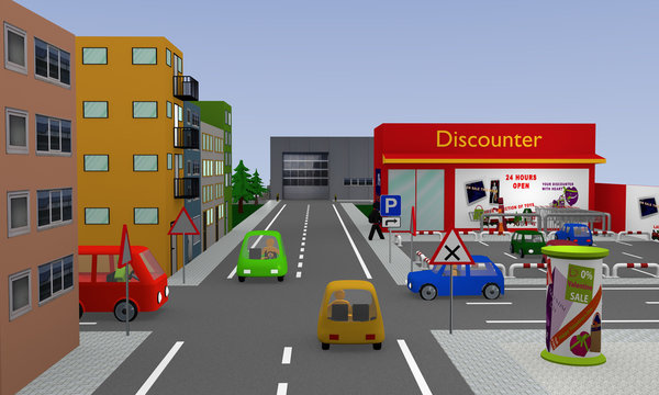Stadtansicht mit rechts vor links Kreuzung, vier bunten Autos und Discounter mit Parkplatz. 3d render
