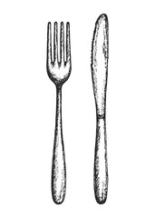sketch fork and knife cutlery. vector isolated