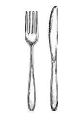 sketch fork and knife cutlery vector isolated