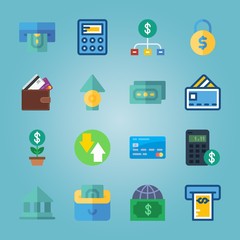 icon set about Currency with card, consrtuction, calculator, currency and diagram