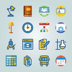 Icon set about Education And School. with flask, desk lamp and calculator