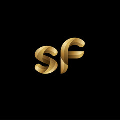 Initial lowercase letter sf, swirl curve rounded logo, elegant golden color on black background