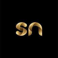 Initial lowercase letter sn, swirl curve rounded logo, elegant golden color on black background