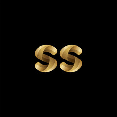 Initial lowercase letter ss, swirl curve rounded logo, elegant golden color on black background