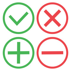 Green and red buttons. Green check mark and red cross. Green plus and red minus. Vector illustration