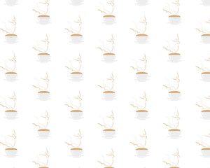 Seamless pattern with young female Ballerina dancing on cappuccino foam. Coffee cup with dancing wonan dancer on white background. Vector EPS10 illustration