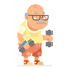 Fitness Dumbbells Exercises Grandfather Adult Healthy Activities Old Age Man Character Cartoon Flat Design Vector illustration