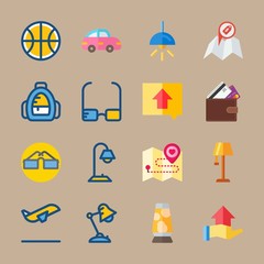 icon set about beach and camping with pink car, wallet and desk lamp