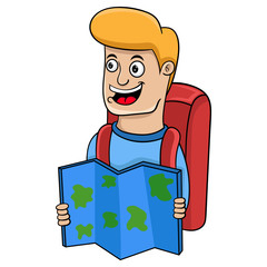 young man traveler with backpack looking to the map, vector illustration