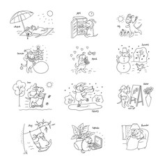 Vector set sketch various funny stories from life cartoon puppy. Different seasons and situations. Character dog on vacation summer, winter, spring and autumn. Illustration for design calendar, card.