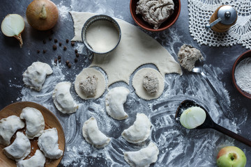 The process of making homemade traditional dumplings on a wooden board.  Cutting and stuffing dumplings. Pierogi, pelmieni, ravioli. Onions, meat, four, pepper, pepper mill, mould, flour. Top view.