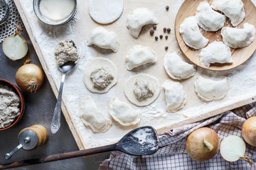 The process of making homemade traditional dumplings.  Cutting and stuffing dumplings. Pierogi,...