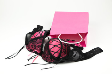 sexy pink lingerie bra with a present bag. Lingerie shopping for underwear - shopping concept