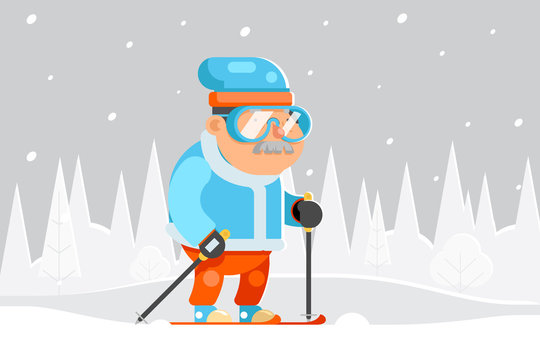 Granny Skiing Adult Skier Winter Sports Healthy Activities Old Age Female Character Cartoon Flat Design Vector illustration