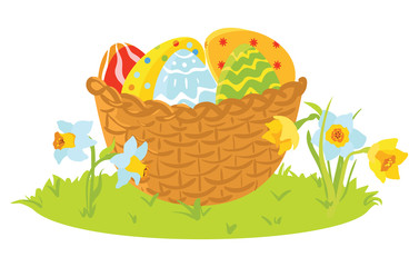 Easter decorative eggs in a basket with flowers