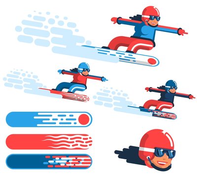 Girl snowboarder in motion - options in different outfits with drawings on the boards.